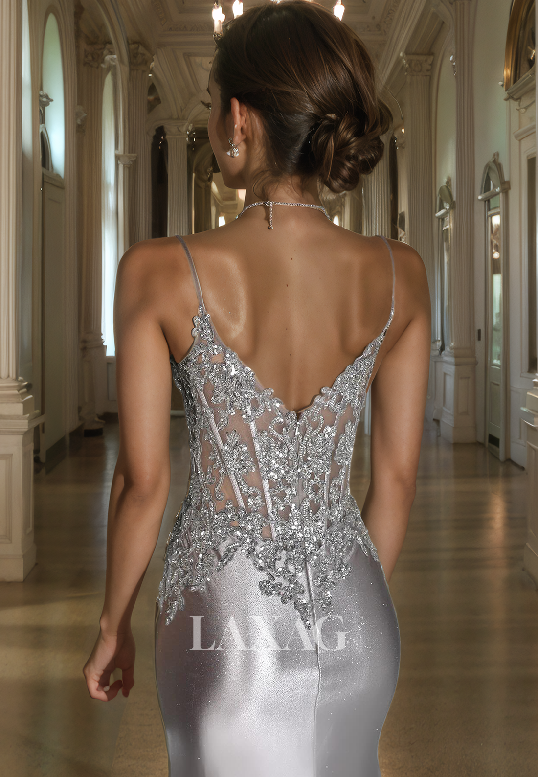 Spaghetti Straps V-Neck Sleeveless Party Gowns Beaded Glitter-Knit Mermaid Prom Dress with Sweep Train