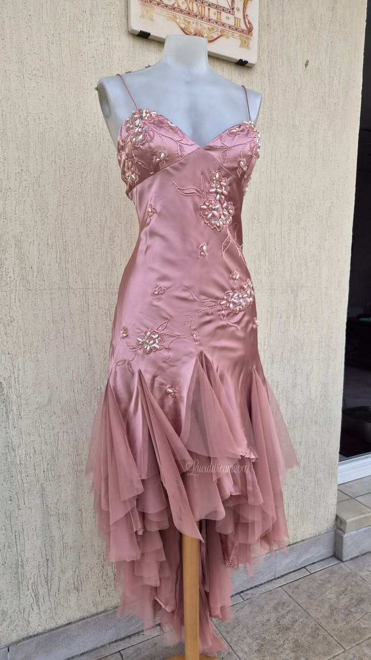 Spaghetti Straps Beaded Pink Satin Formal Prom Dress Retro Evening Gown J11663