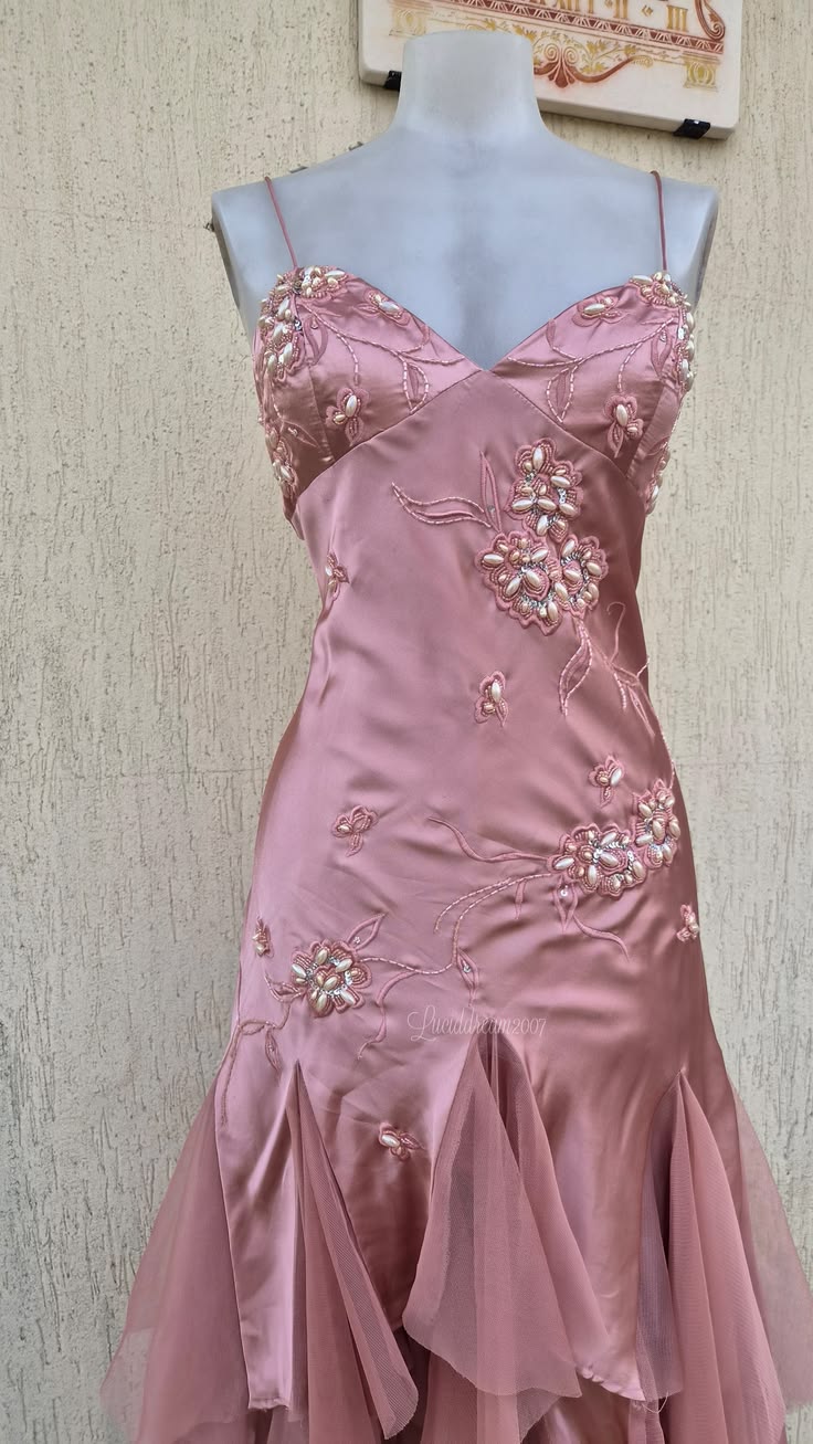 Spaghetti Straps Beaded Pink Satin Formal Prom Dress Retro Evening Gown J11663