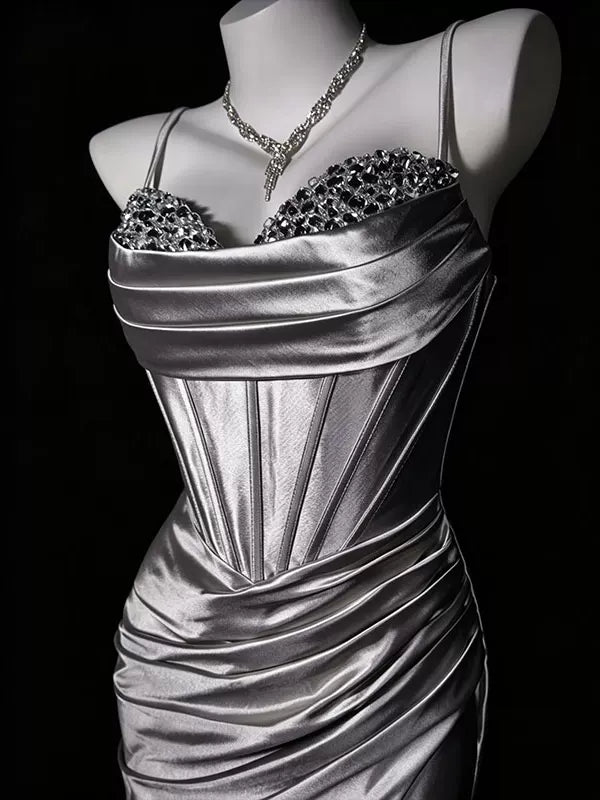 Spaghetti Straps Beaded Sliver Satin Mermaid Prom Dress with Slit J11374
