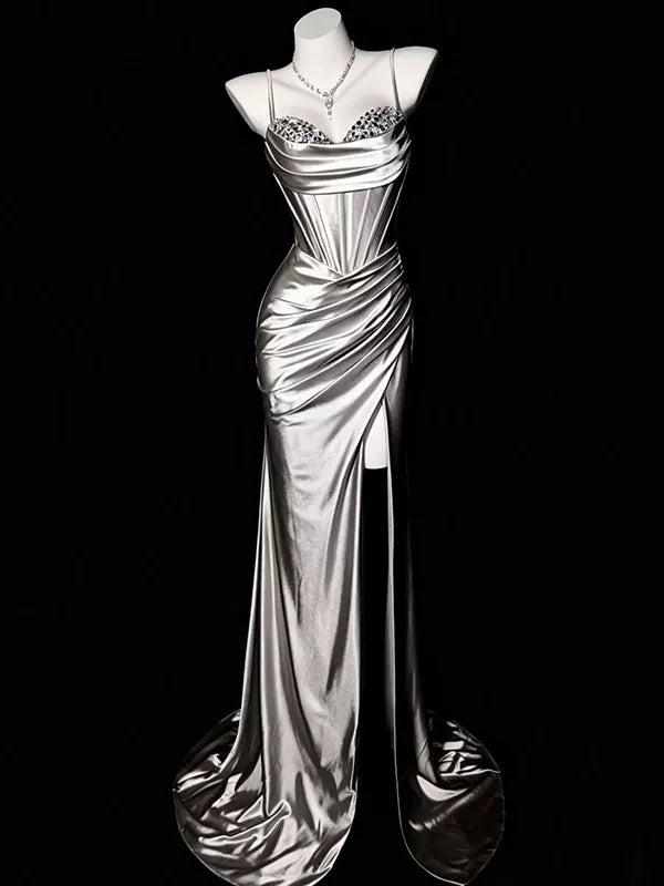 Spaghetti Straps Beaded Sliver Satin Mermaid Prom Dress with Slit J11374