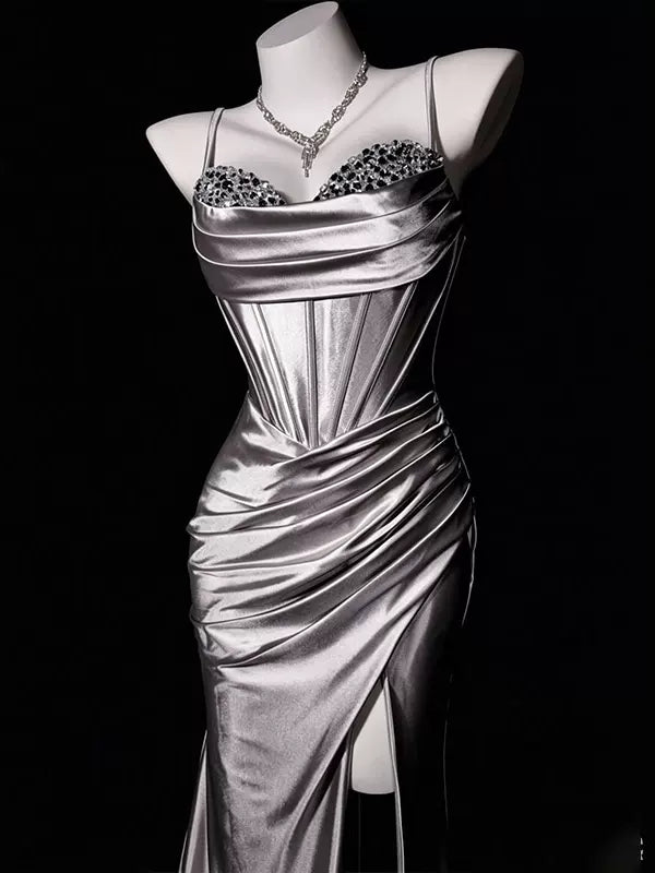 Spaghetti Straps Beaded Sliver Satin Mermaid Prom Dress with Slit J11374