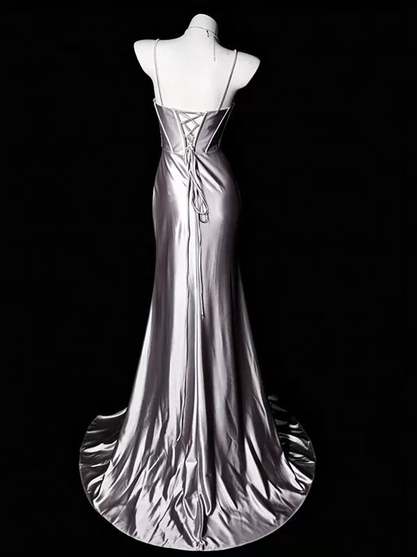 Spaghetti Straps Beaded Sliver Satin Mermaid Prom Dress with Slit J11374