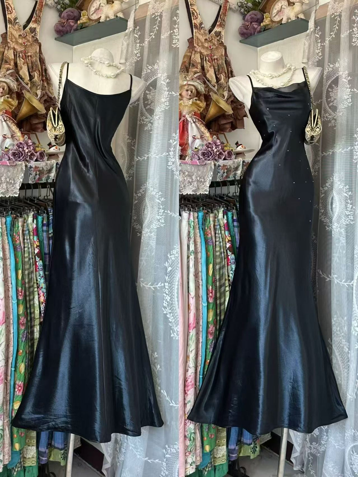 Spaghetti Straps Black Mermaid Prom Dress Retro Evening Gown J10916