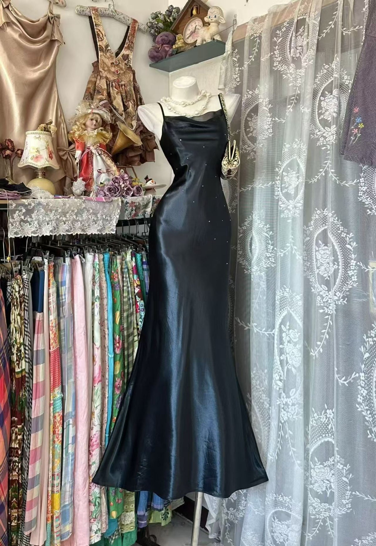 Spaghetti Straps Black Mermaid Prom Dress Retro Evening Gown J10916