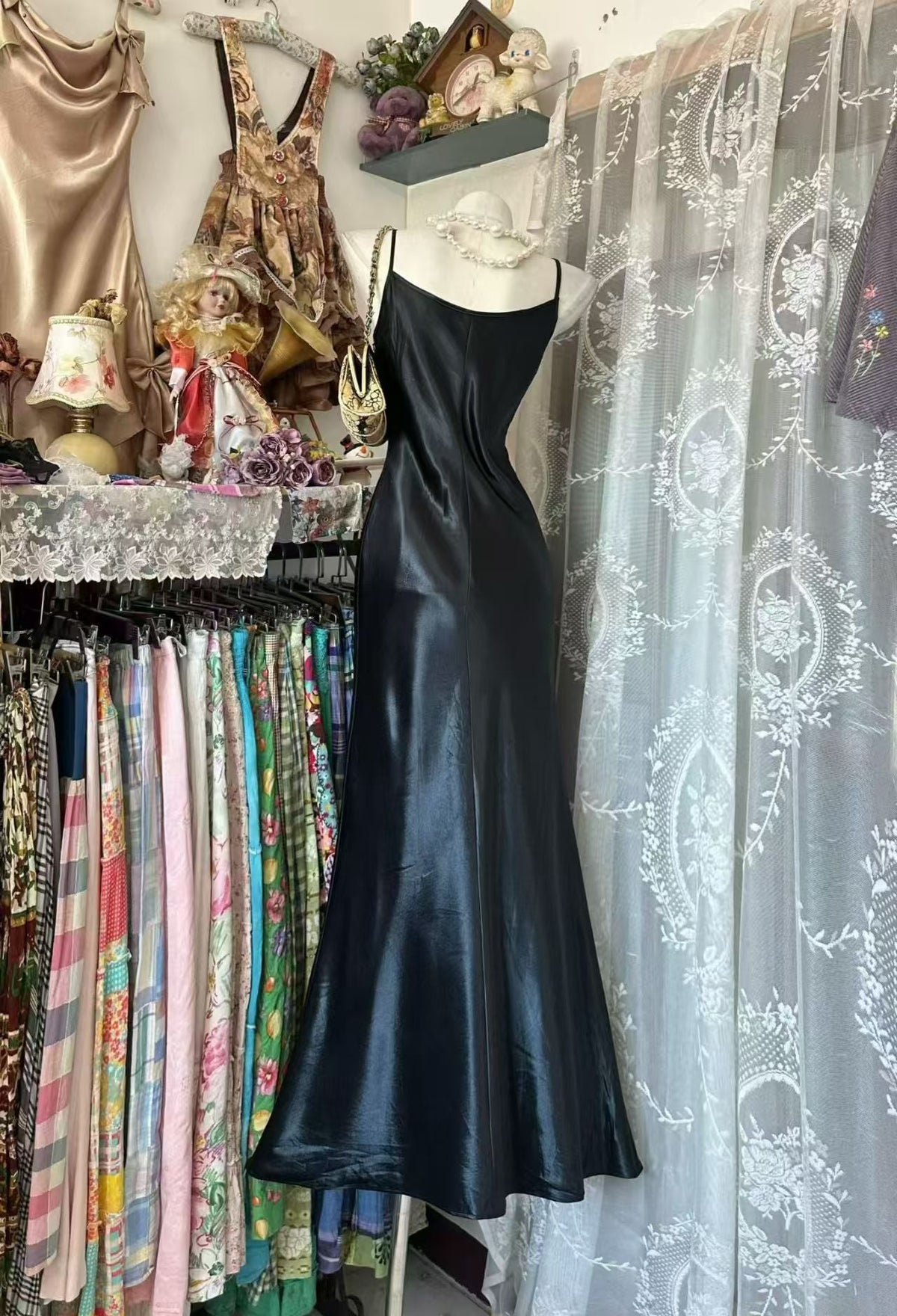 Spaghetti Straps Black Mermaid Prom Dress Retro Evening Gown J10916
