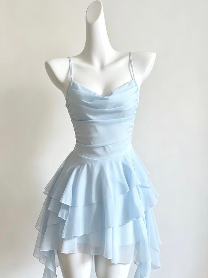 Spaghetti Straps Blue Chiffon Homecoming Layered Party Dress