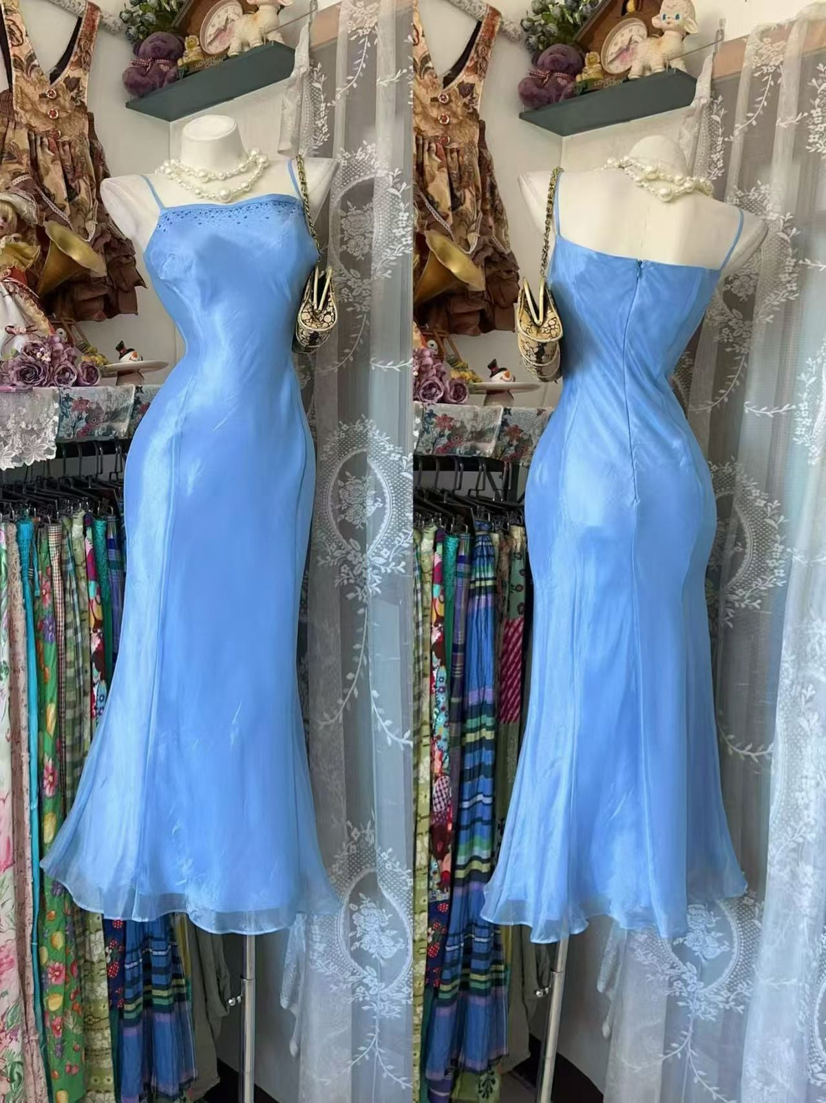 Spaghetti Straps Blue Mermaid Prom Dress Evening Gown J10914