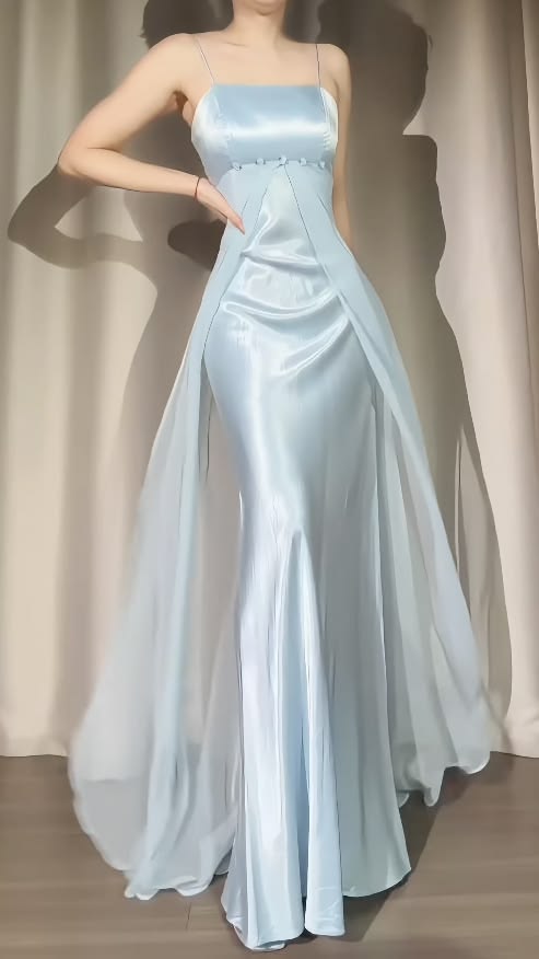 Spaghetti Straps Blue Satin Formal Prom Dress Retro Evening Dress J11304
