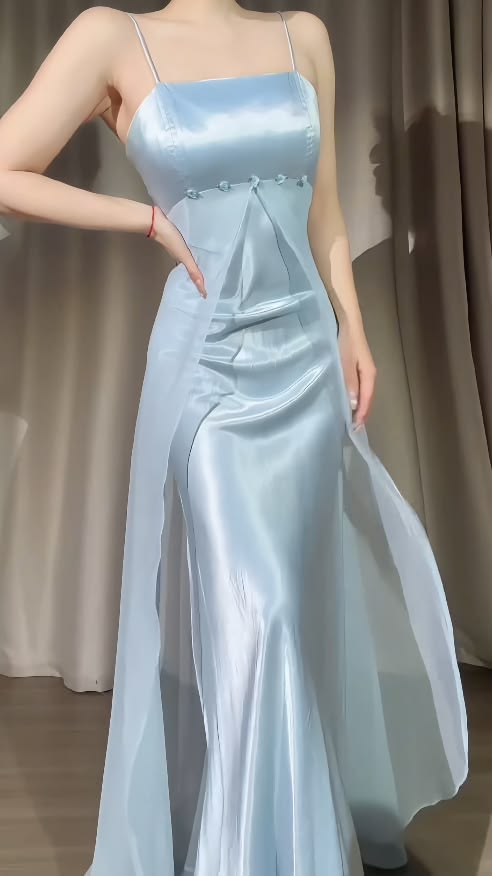 Spaghetti Straps Blue Satin Formal Prom Dress Retro Evening Dress J11304