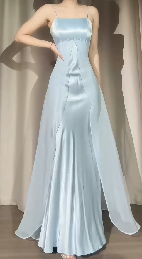 Spaghetti Straps Blue Satin Formal Prom Dress Retro Evening Dress J11304