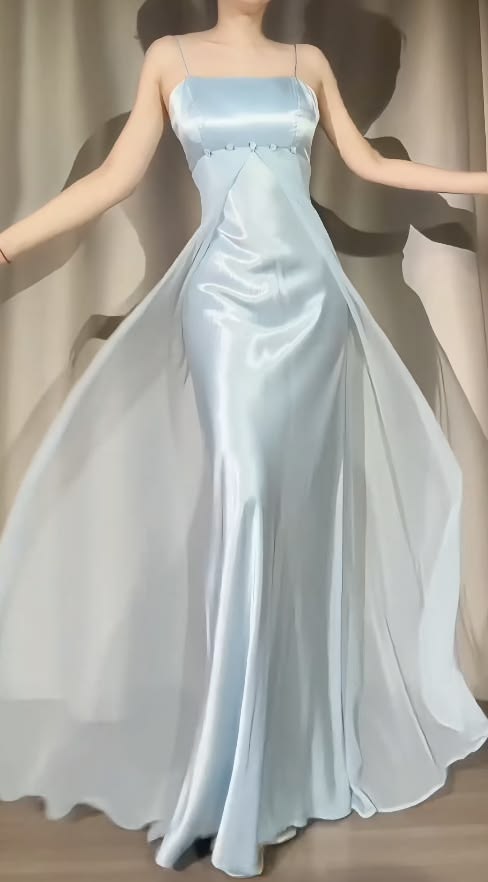 Spaghetti Straps Blue Satin Formal Prom Dress Retro Evening Dress J11304