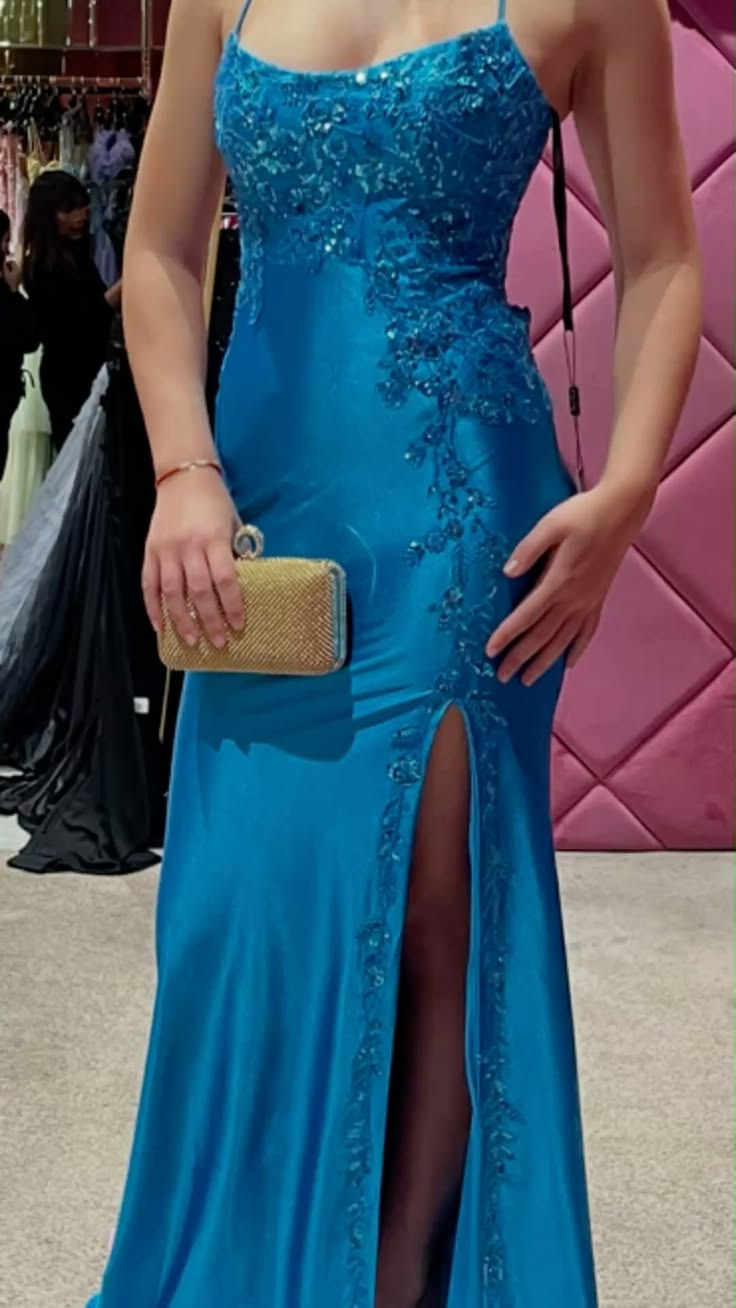 Spaghetti Straps Blue Satin Formal Prom Dress With Appliques