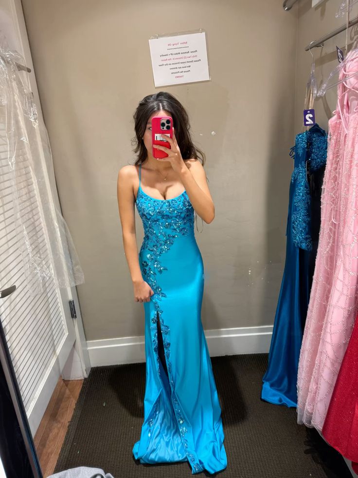 Spaghetti Straps Blue Satin Formal Prom Dress With Appliques