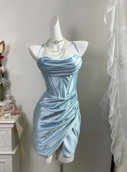 Spaghetti Straps Blue Satin Homecoming Dress Short Party Dress J11158