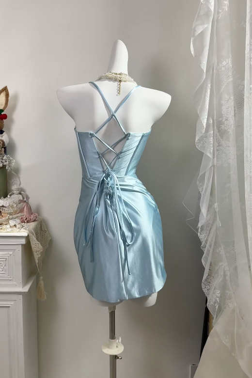 Spaghetti Straps Blue Satin Homecoming Dress Short Party Dress J11158