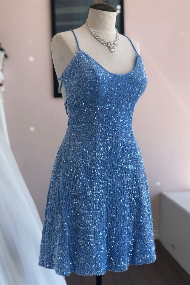 Spaghetti Straps Blue Sequin Homecoming Dress J11529