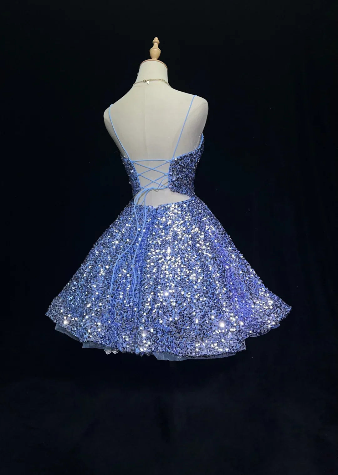 Spaghetti Straps Blue Sequin Homecoming Dress Short Birthday Dress J11022