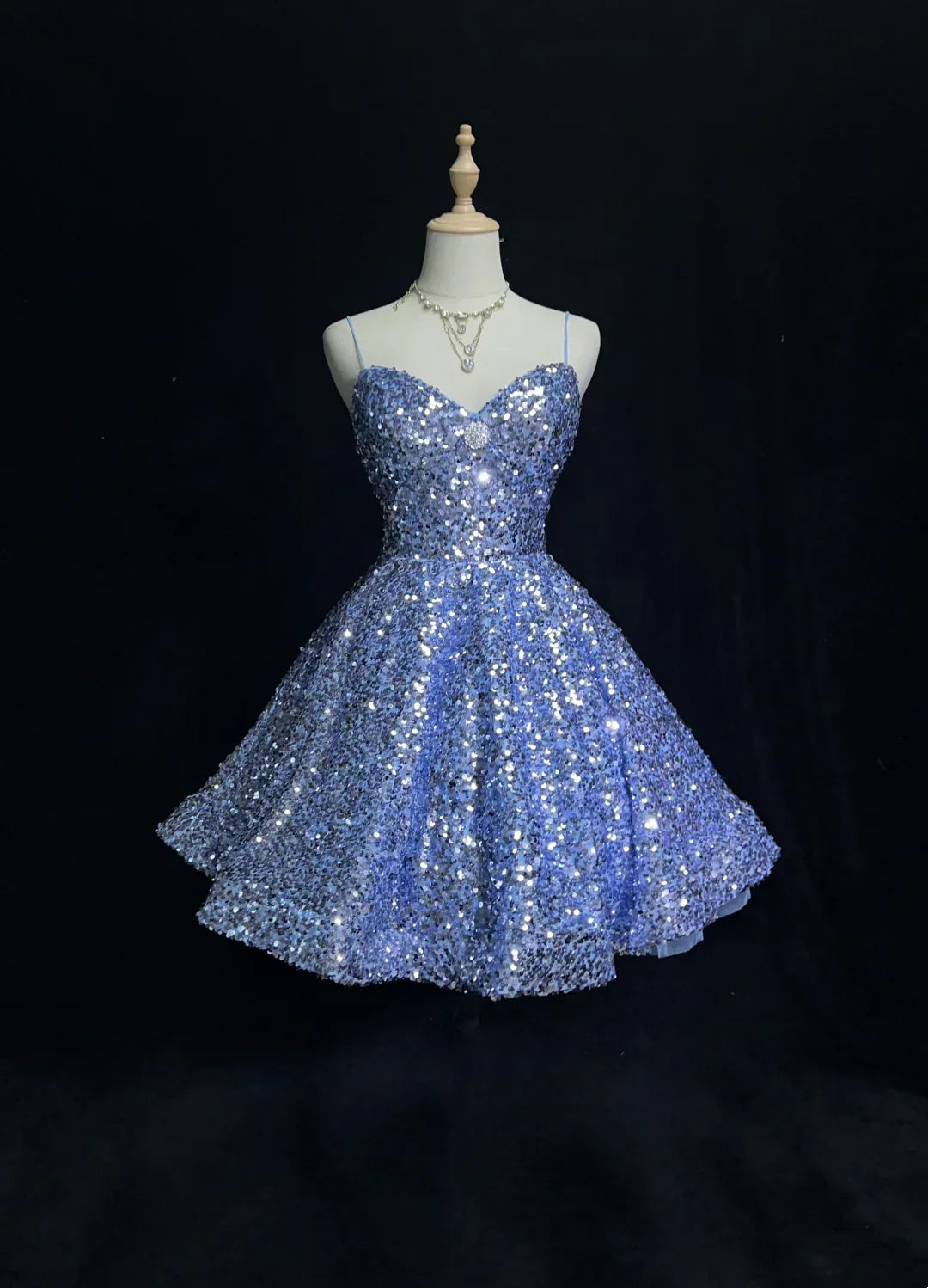 Spaghetti Straps Blue Sequin Homecoming Dress Short Birthday Dress J11022