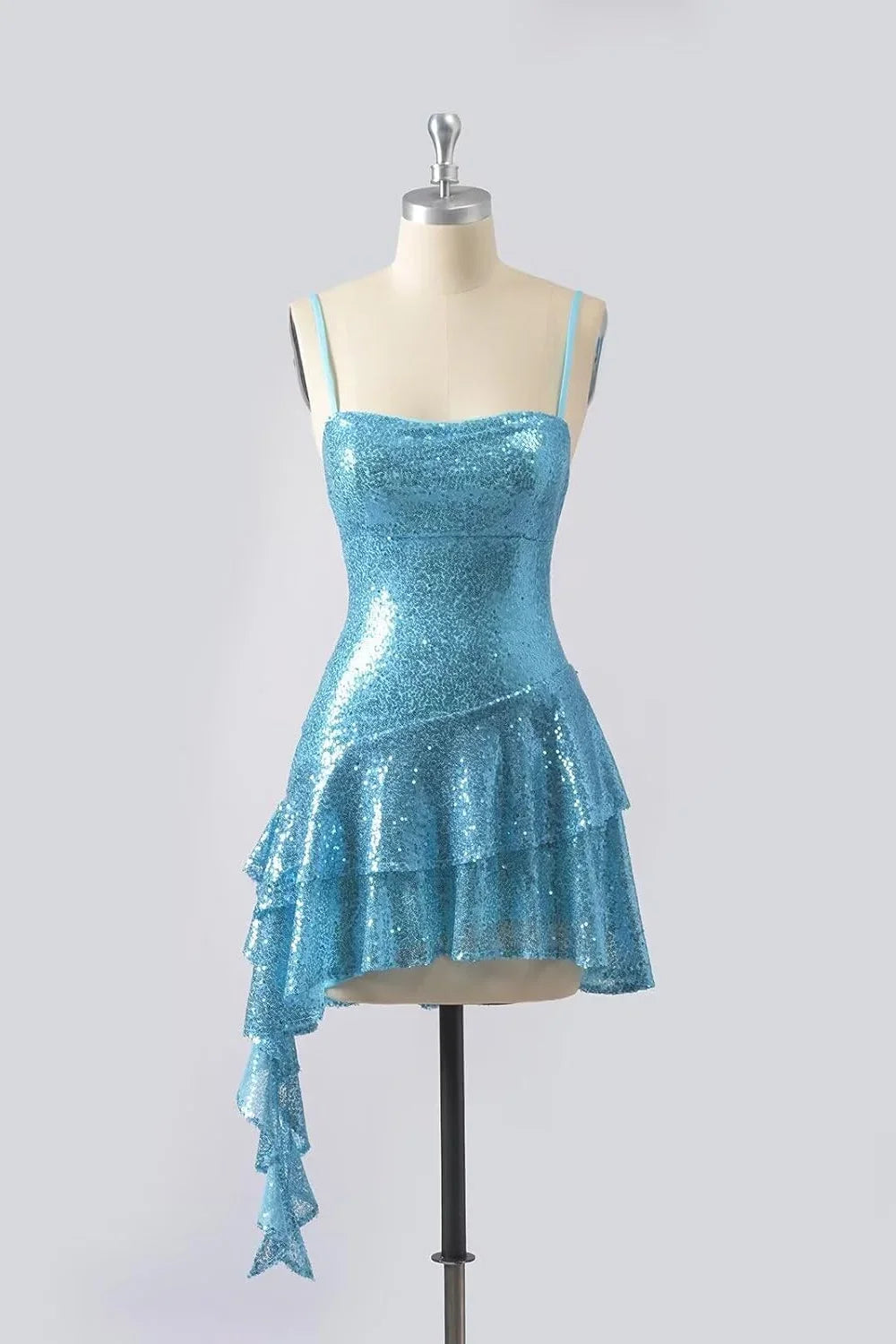 Spaghetti Straps Blue Sequins A-Line Ruffled Homecoming Dress