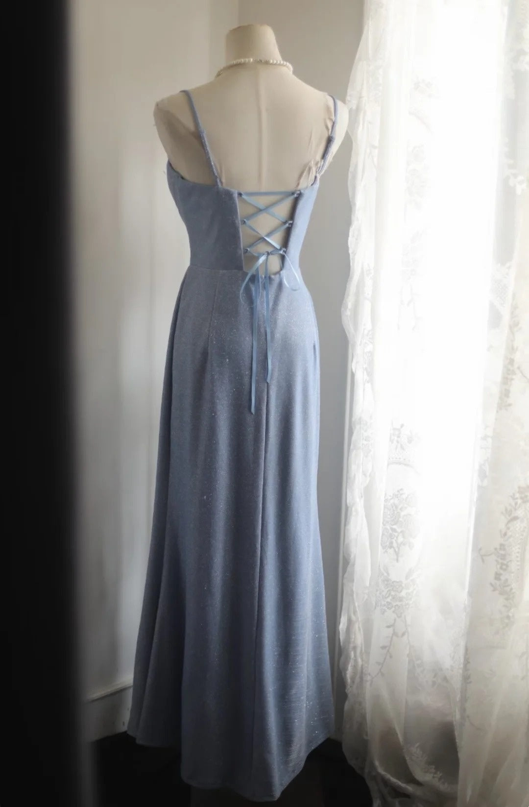 Spaghetti Straps Blue Sparkle Prom Dress A-Line Evening Gown