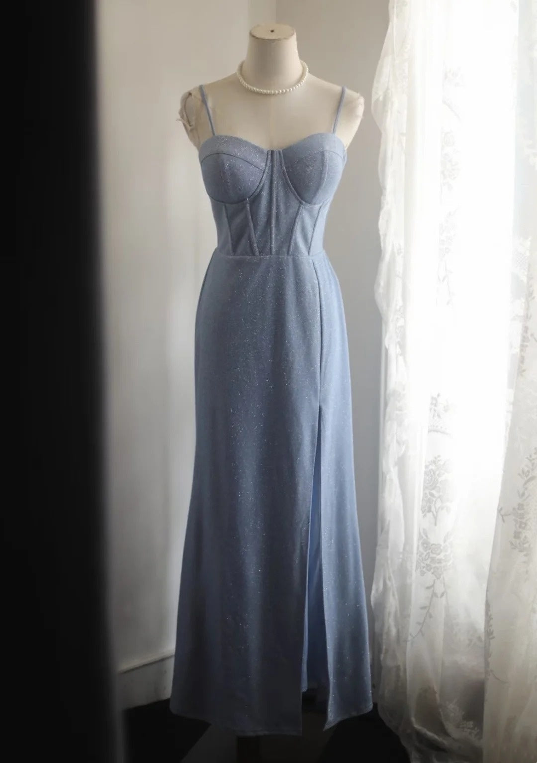 Spaghetti Straps Blue Sparkle Prom Dress A-Line Evening Gown