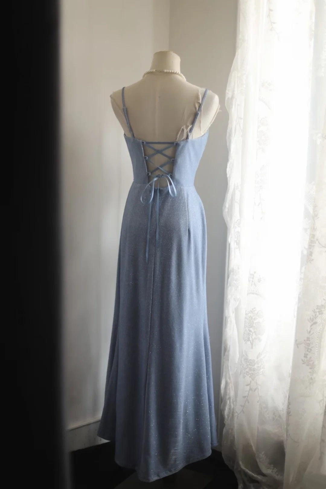 Spaghetti Straps Blue Sparkle Prom Dress A-Line Evening Gown