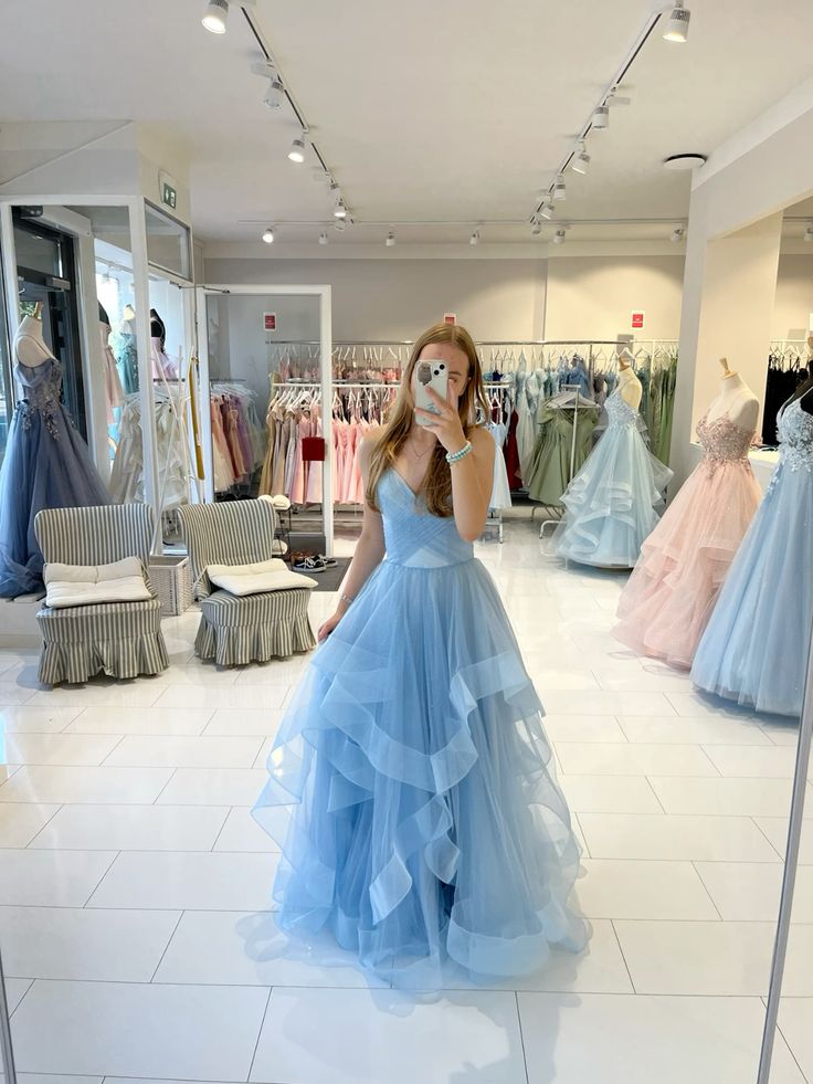 Spaghetti Straps Blue Tulle Prom Dress A Line Ruffled Evening Gown J10943