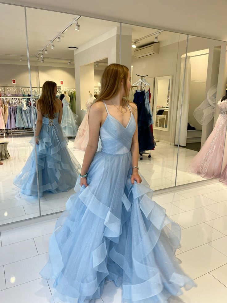 Spaghetti Straps Blue Tulle Prom Dress A Line Ruffled Evening Gown J10943