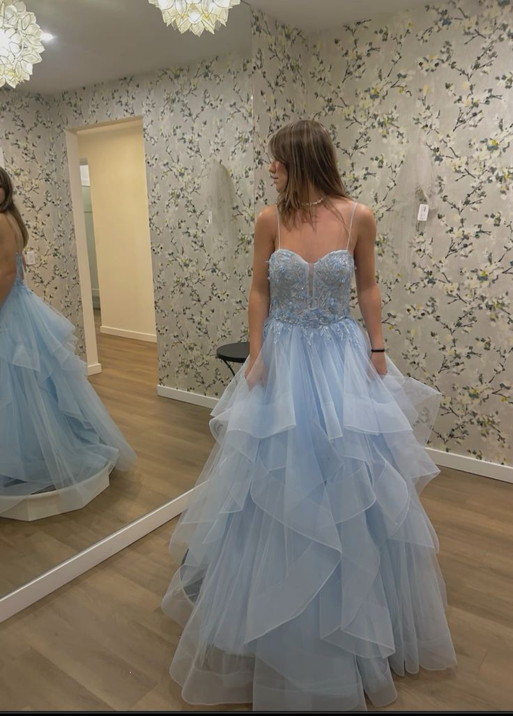 Spaghetti Straps Blue Tulle Prom Dress Appliques A-Line Evening Gown