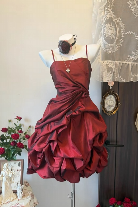 Spaghetti Straps Burgundy A-Line Retro Birthday Dress