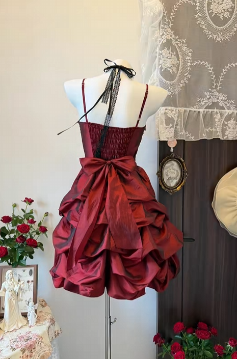 Spaghetti Straps Burgundy A-Line Retro Birthday Dress