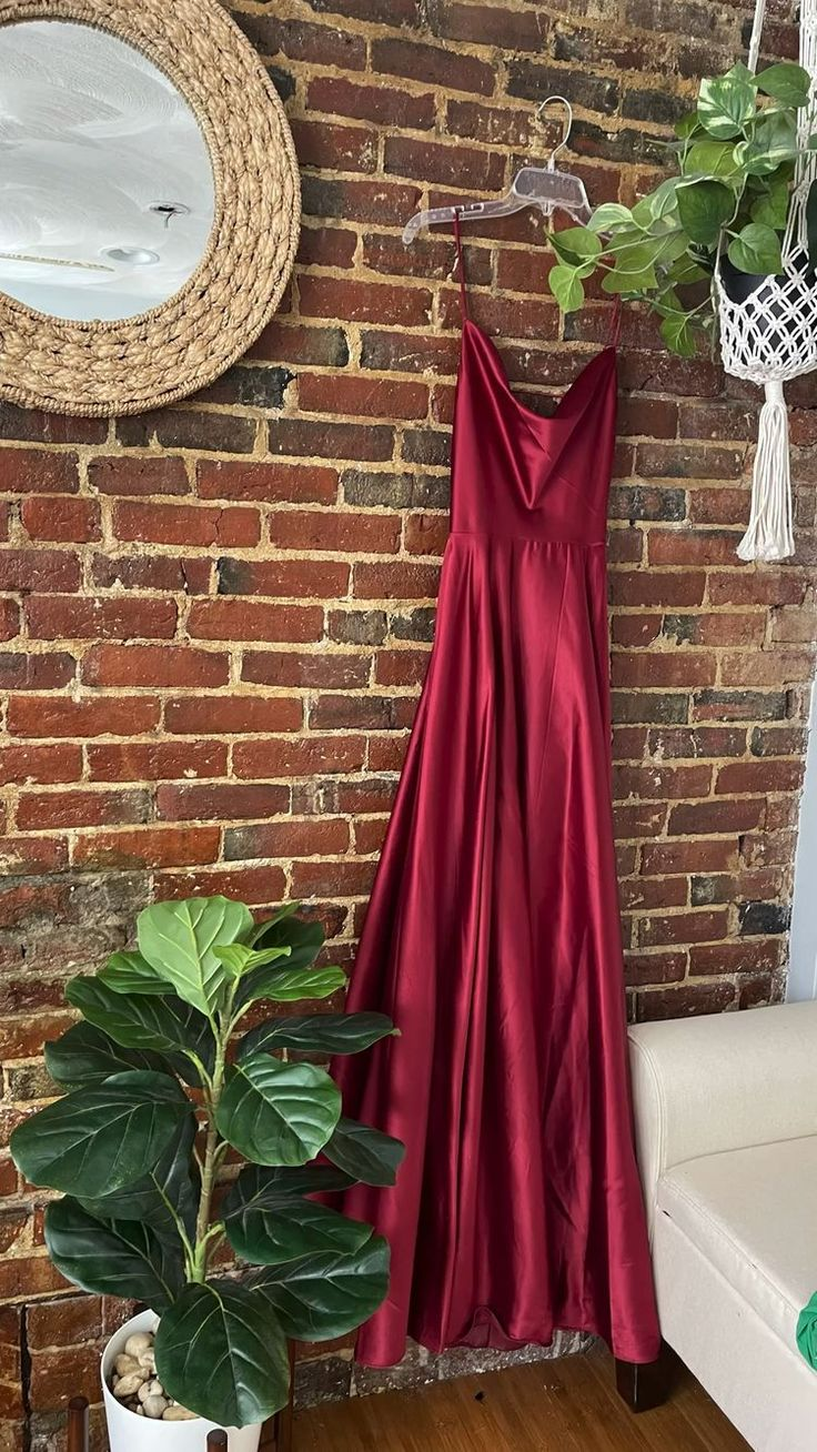 Spaghetti Straps Burgundy Satin Prom Dress Backless Evening Dress With Slit J9806