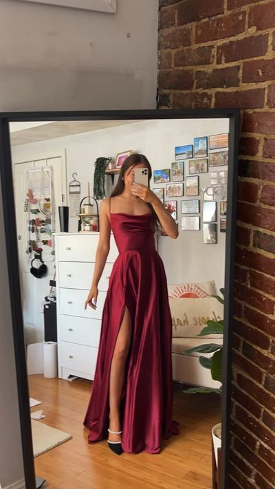 Spaghetti Straps Burgundy Satin Prom Dress Backless Evening Dress With Slit J9806