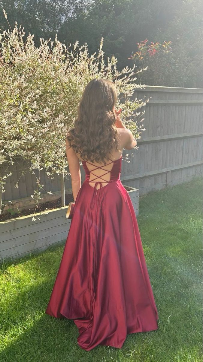 Spaghetti Straps Burgundy Satin Prom Dress Backless Evening Dress With Slit J9806
