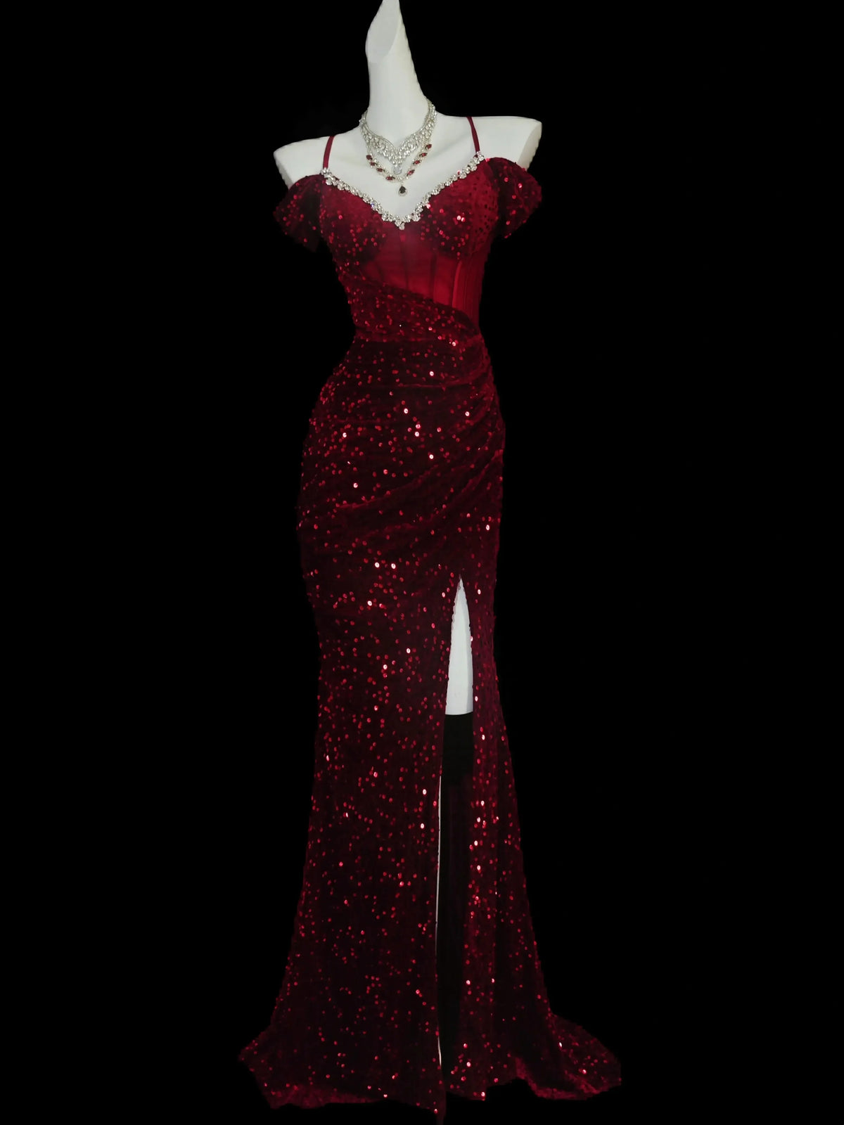 Spaghetti Straps Burgundy Sequin Formal Prom Dress with Slit