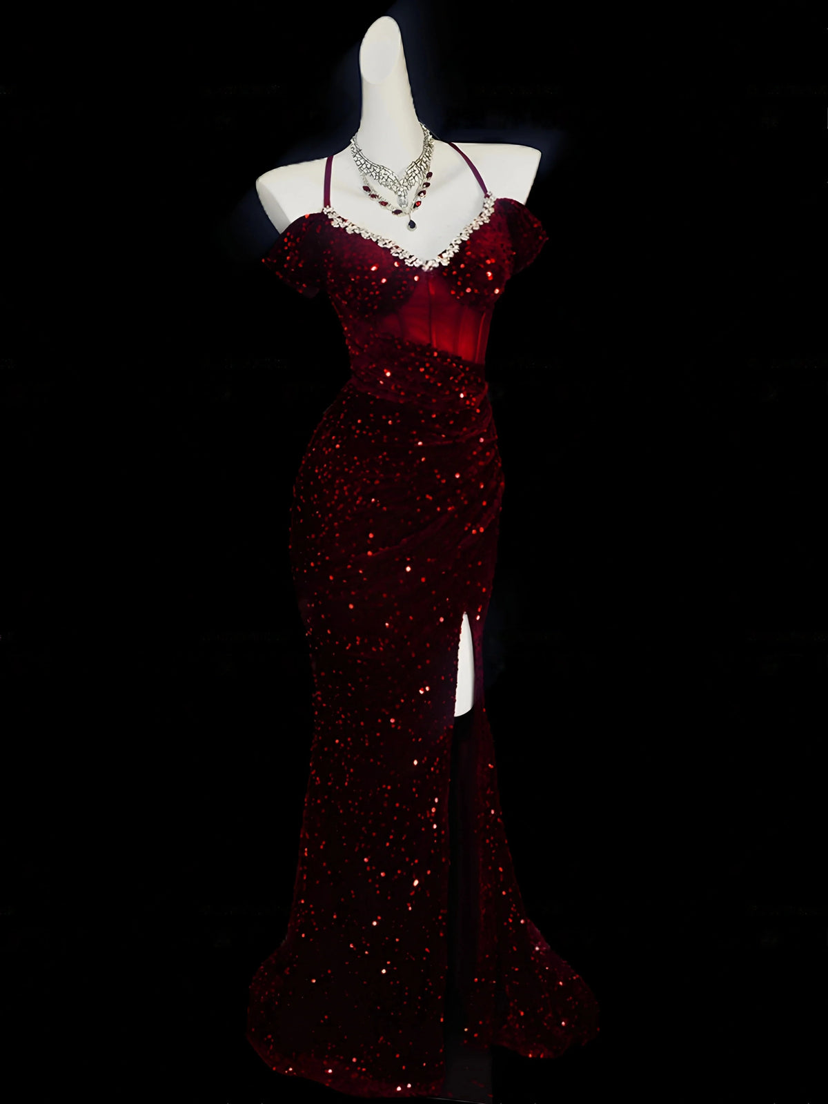 Spaghetti Straps Burgundy Sequin Formal Prom Dress with Slit