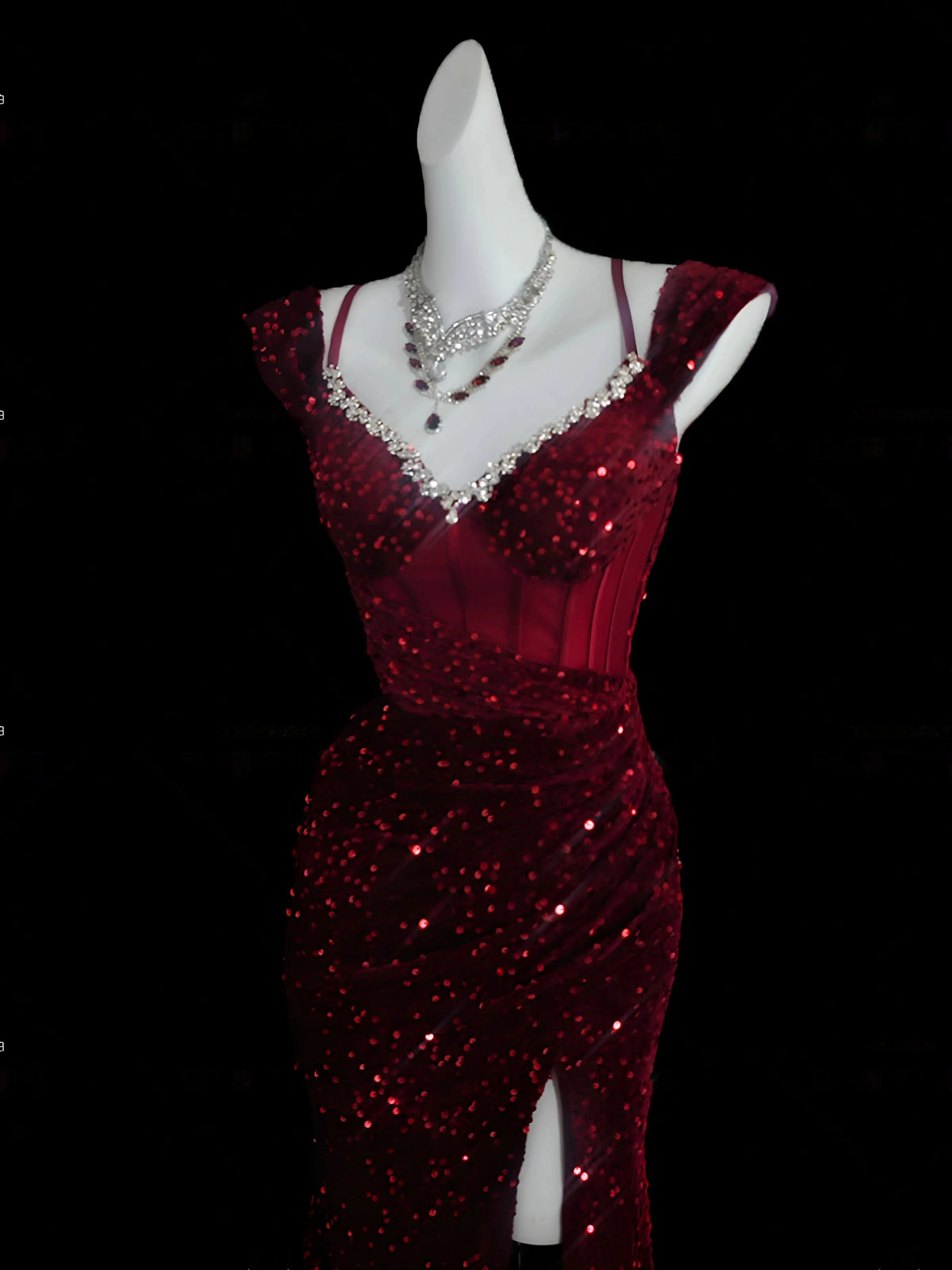 Spaghetti Straps Burgundy Sequin Formal Prom Dress with Slit