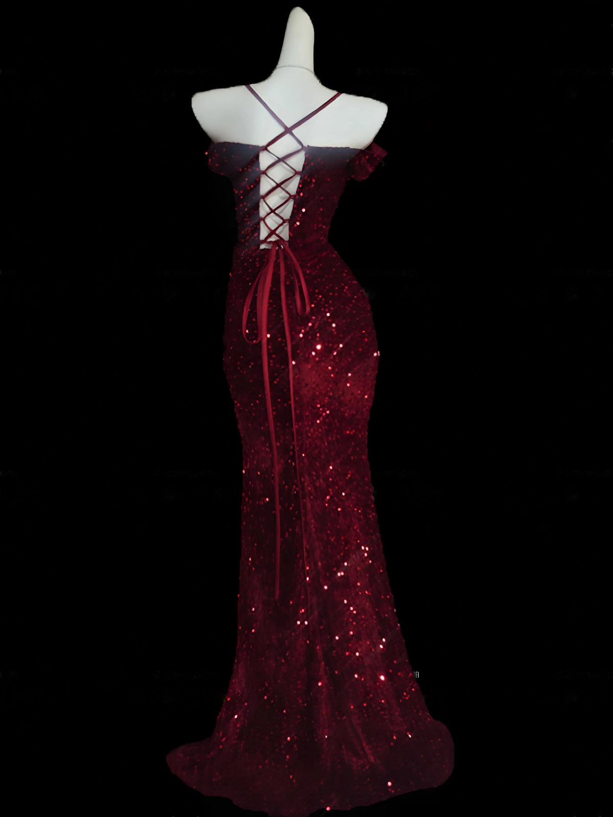 Spaghetti Straps Burgundy Sequin Formal Prom Dress with Slit