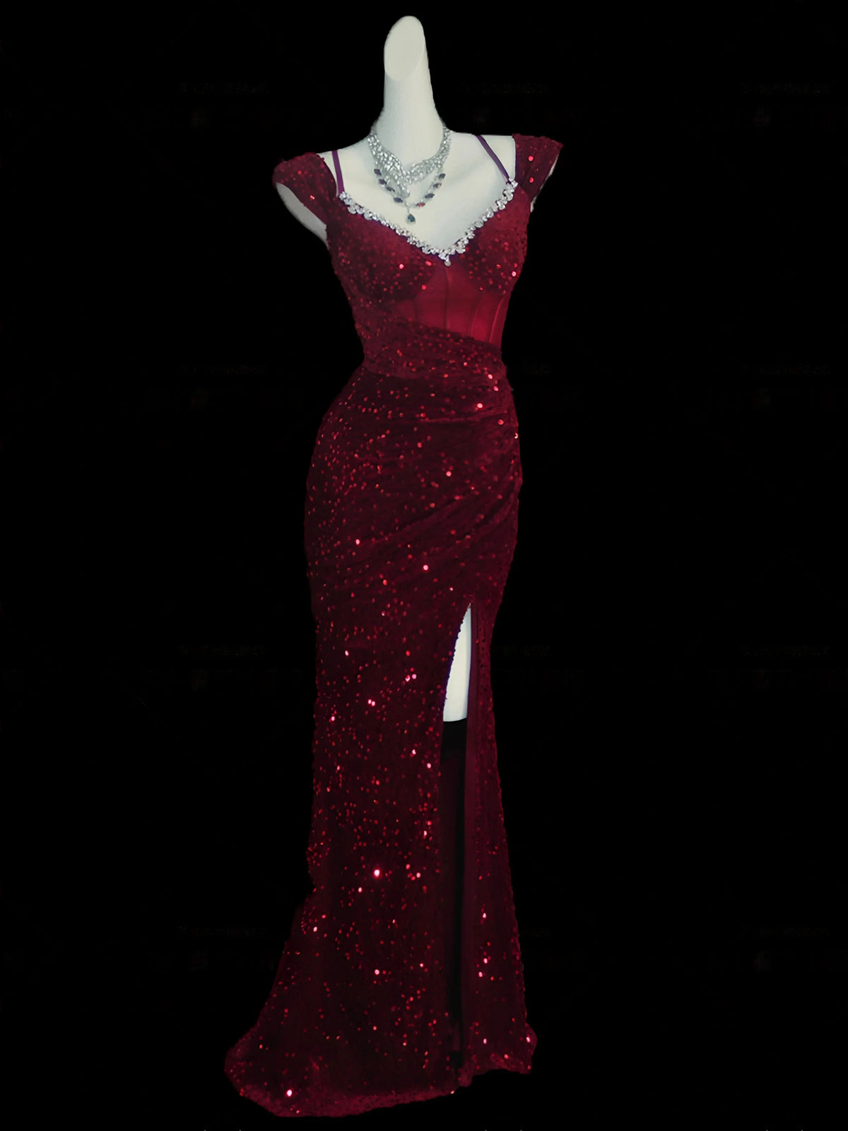 Spaghetti Straps Burgundy Sequin Formal Prom Dress with Slit