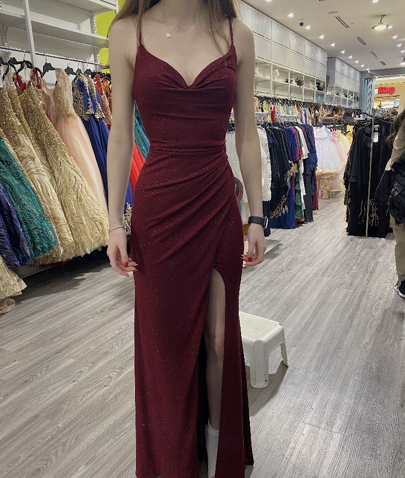 Spaghetti Straps Burgundy Sparkly Formal Prom Dress With Slit