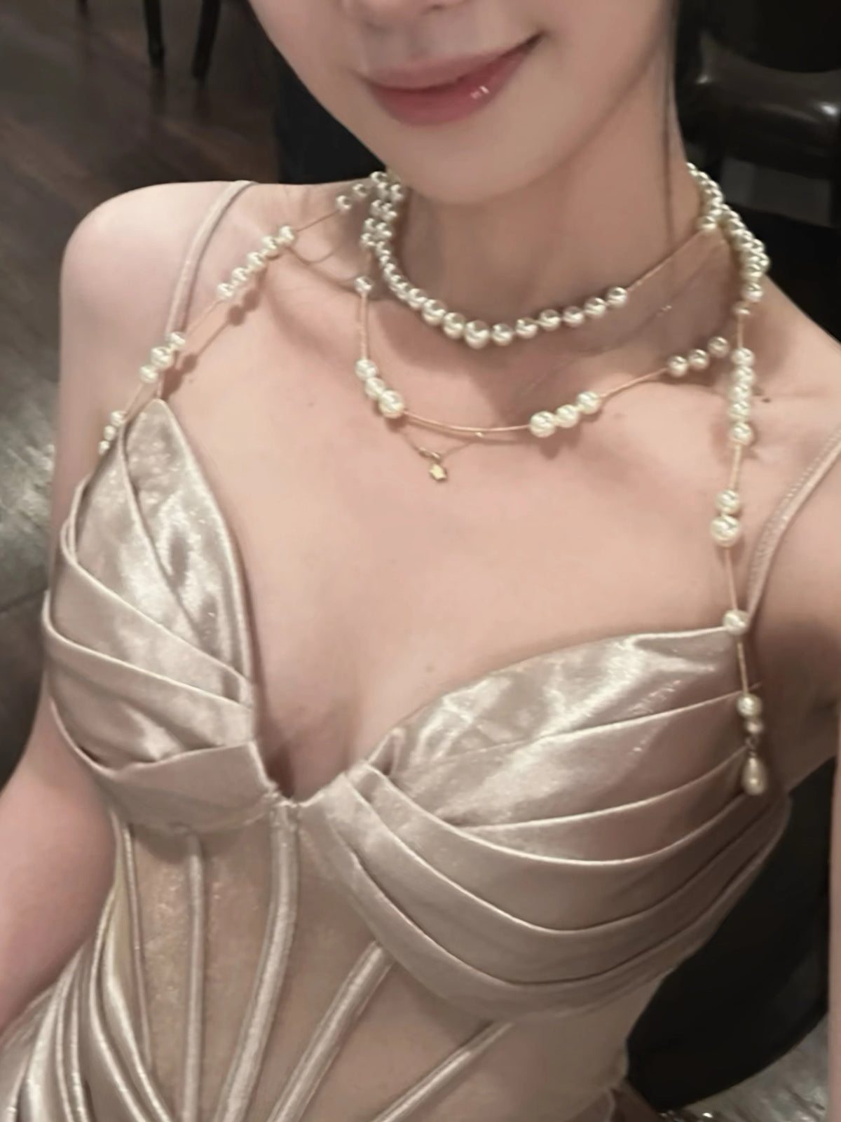 Spaghetti Straps Champagne Satin Formal Prom Dress
