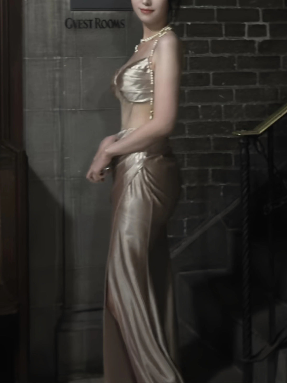 Spaghetti Straps Champagne Satin Formal Prom Dress