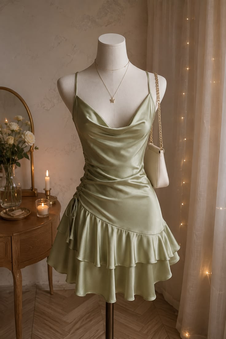 Spaghetti Straps Green Ruffled Satin Homecoming Dress J11613