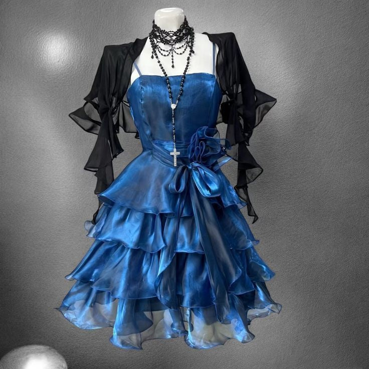 Spaghetti Straps Layered Navy Blue Homecoming Dress Ruffled Birthday Dress