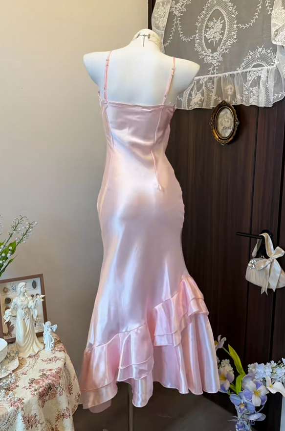 Spaghetti Straps Pink Mermaid Satin Prom Dress Layered Evening Gown J11706