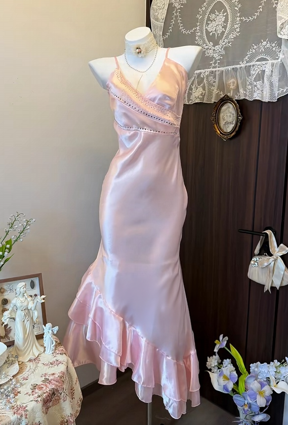 Spaghetti Straps Pink Mermaid Satin Prom Dress Layered Evening Gown J11706