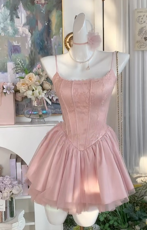 Spaghetti Straps Pink Satin Homecoming Dress Short Birthday Dress
