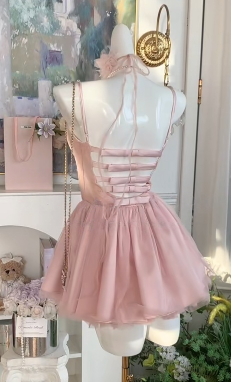 Spaghetti Straps Pink Satin Homecoming Dress Short Birthday Dress