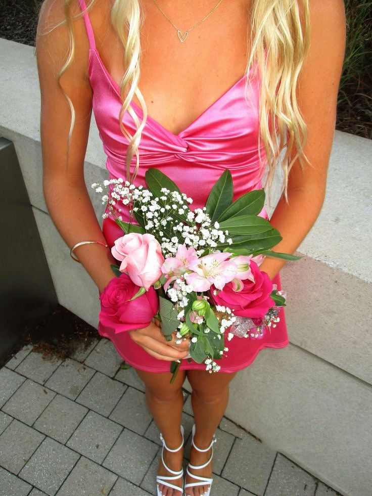 Spaghetti Straps Pink Satin Short Homecoming Party Dress